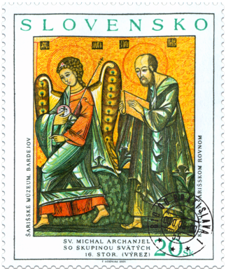 Ikona z východného Slovenska: Sv. Michal archanjel so skupinou svätých