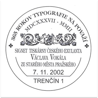 365 rokov typografie na Považí - signet tiskárny českého exulanta Václava Vokála ze Starého města Pražského