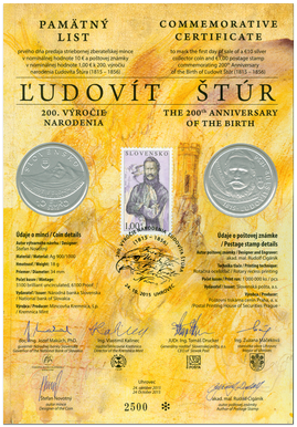 Numismatic Commemorative Sheet: Ľudovít Štúr