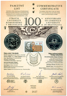Numismatic Commemorative Sheet: 100th Anniversary of Comenius University