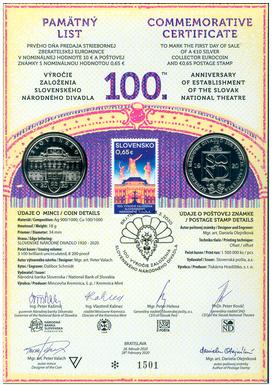 Numismatic Commemorative Sheet: The 100th Anniversary of the Establishment of the Slovak National Theatre