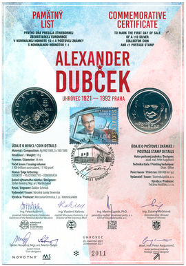 Numismatic Commemorative Sheet: Personalities: Alexander Dubček