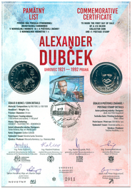 Numismatic Commemorative Sheet: Personalities: Alexander Dubček