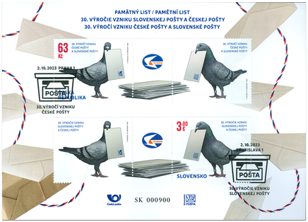 Occasional commemorative sheet - the 30th Anniversary of the Establishment of the Czech Post and the Slovak Post