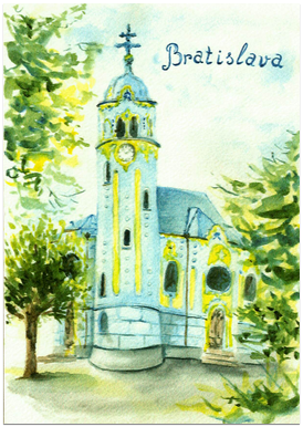 Postcard - Bratislava drawed / Blue church