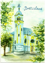 Postcard - Bratislava drawed / Blue church
